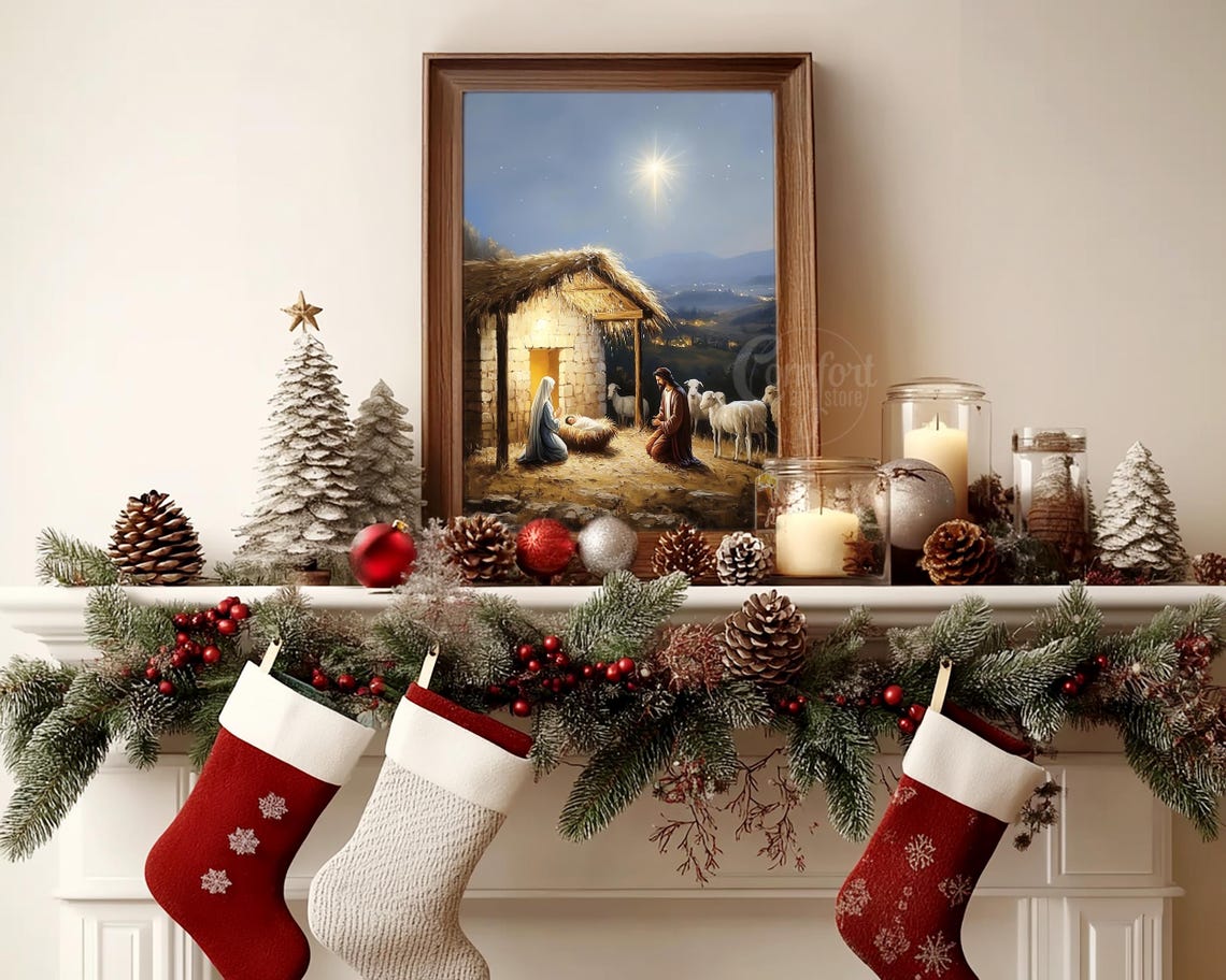 Silent Night Nativity Scene with Bethlehem Star and Sheep Poster - Image 5