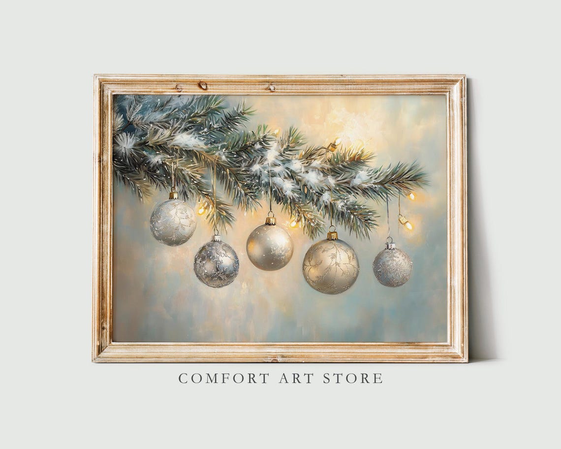 Elegant Champagne Gold Christmas Ornaments on Snowy Branch Poster