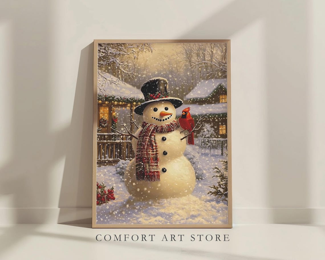 Vintage Christmas Wall Art Snowman Print Winter Cottage Red Cardinal Holiday Winter Decor Neutral Christmas Oil Painting Antique Snowman Art - Image 2