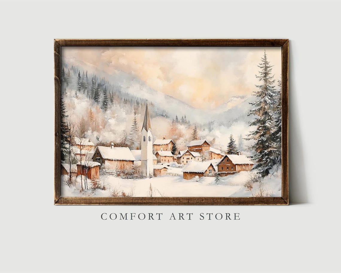 Snowy Alpine Village with Church Misty Mountain Winter Poster - Image 6
