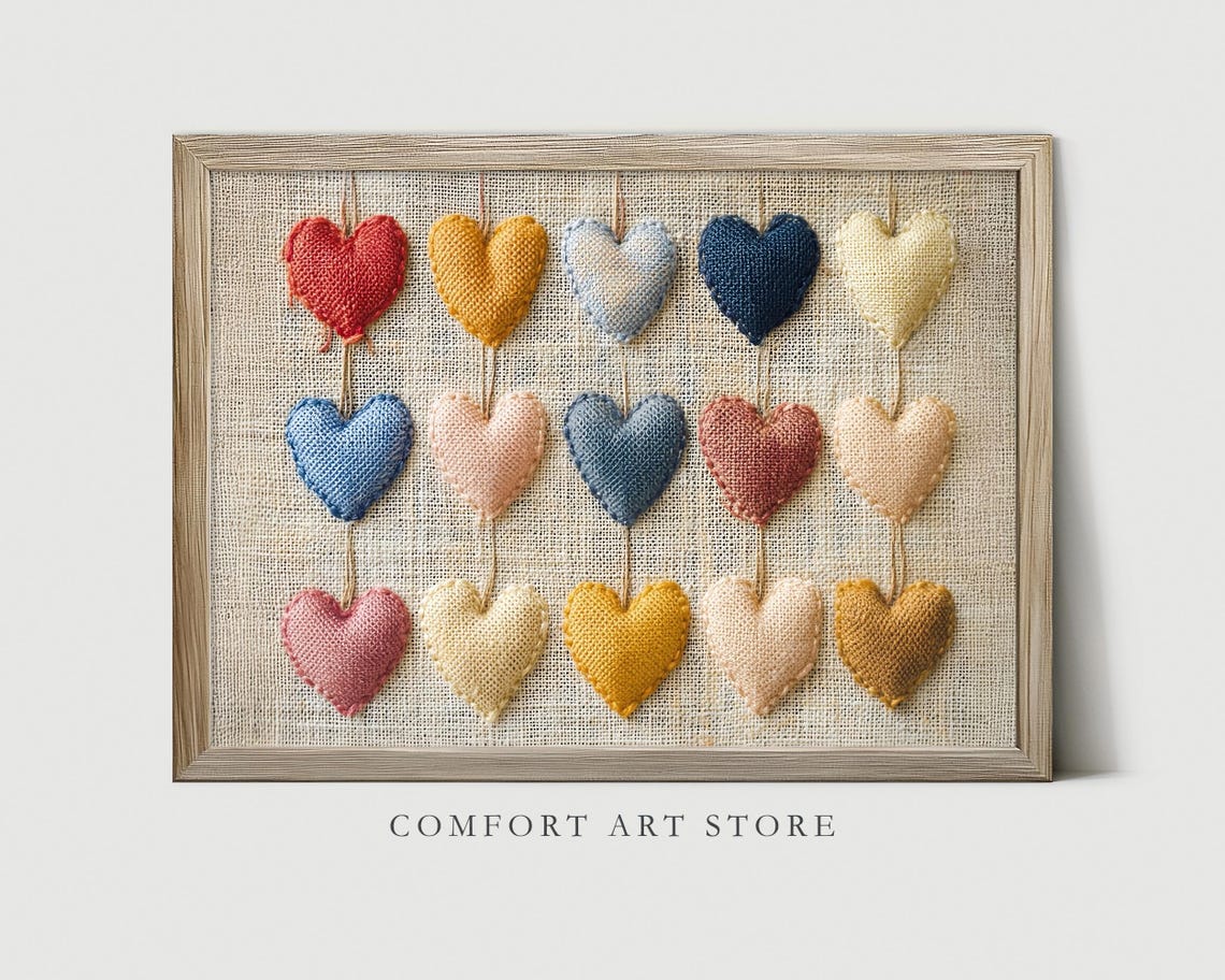 Stitched Fabric Hearts Burlap Farmhouse Rustic Valentine Wall Poster - Image 2