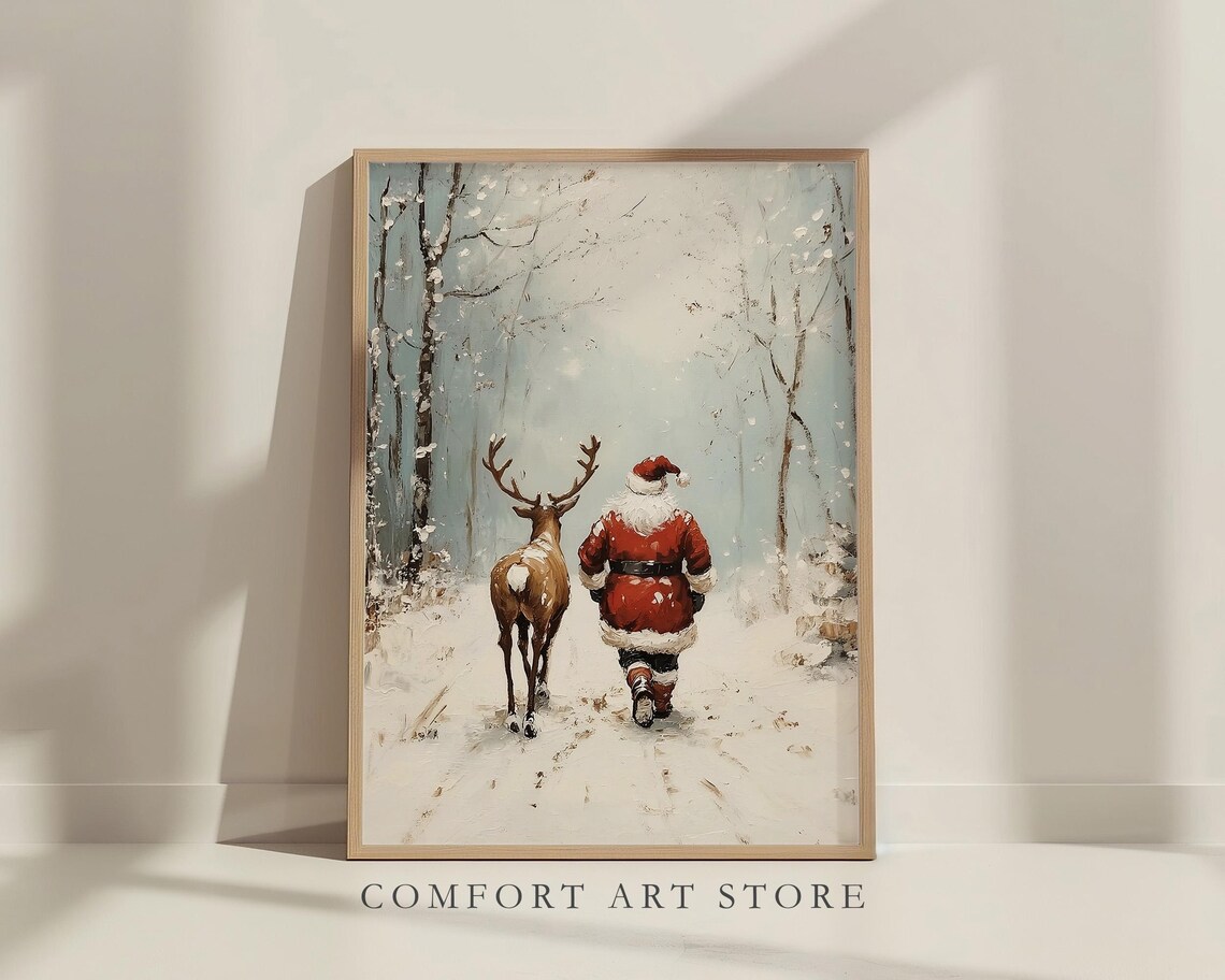 Antique Vintage Christmas Santa Claus Print Santa Claus Reindeer Wall Art Christmas Scene Neutral Print Holiday Winter Landscape - Image 2