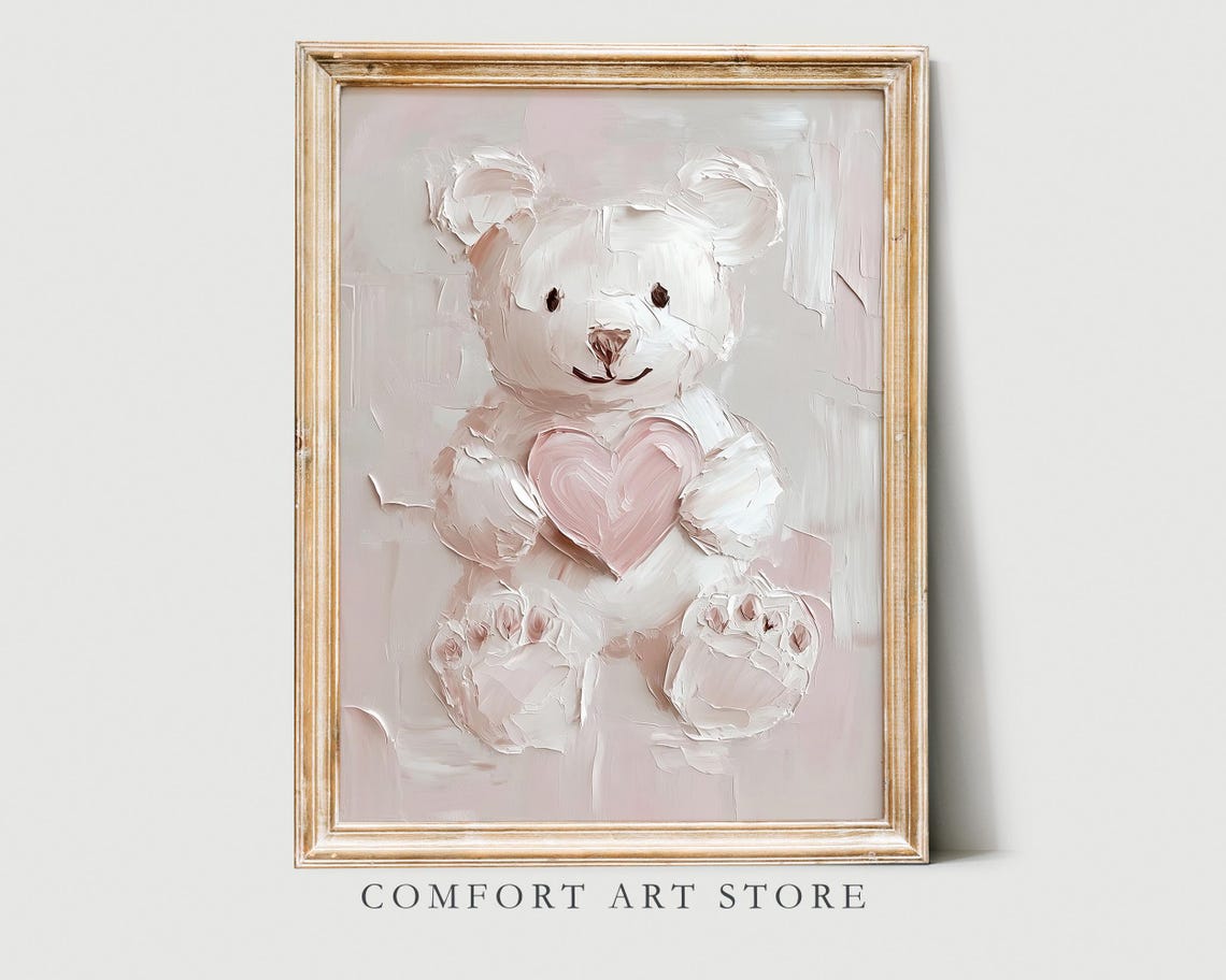 Valentines White Teddy Bear Holding Pink Heart Cozy Nursery Wall Art