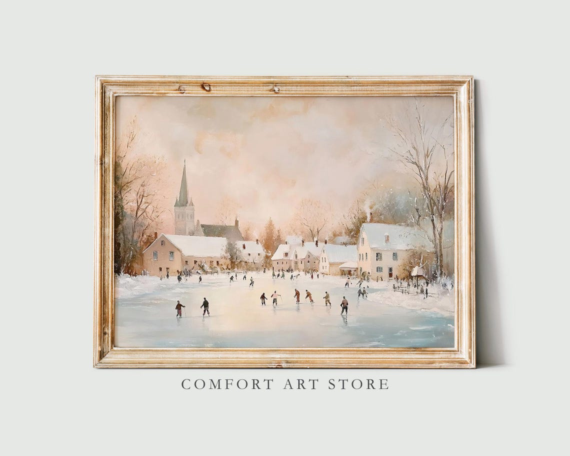 Winter Skaters on Frozen Lake by Village Church Steeple Wall Art