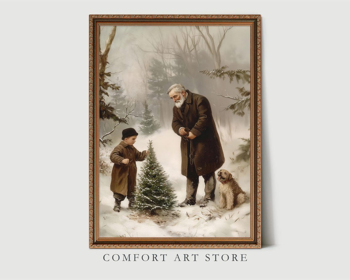 Vintage Grandfather and Boy Choosing Christmas Tree in Snow Poster - Image 3