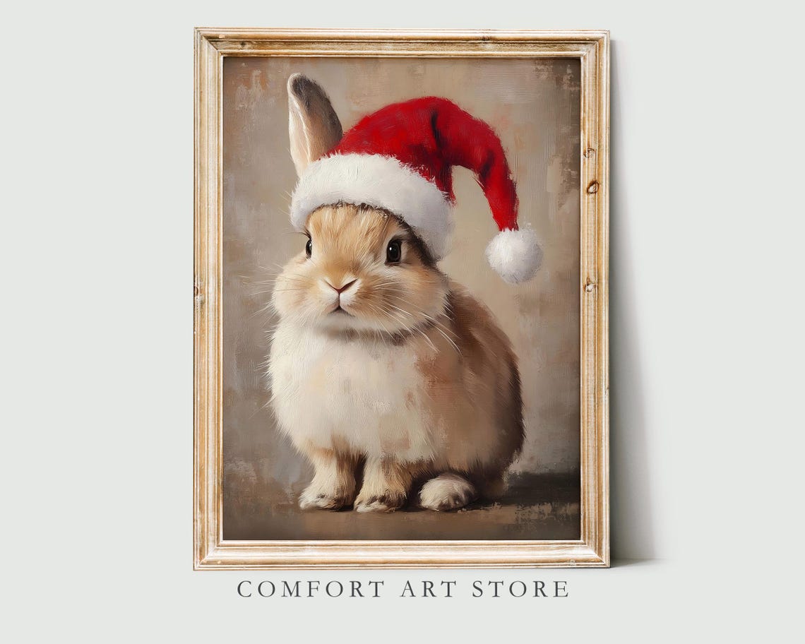 Adorable Bunny Wearing Santa Hat Christmas Portrait Art Poster