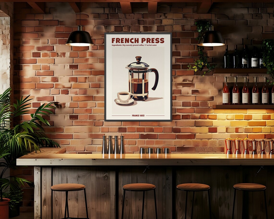 Retro French Press Coffee Print, Kitchen Bar Decor