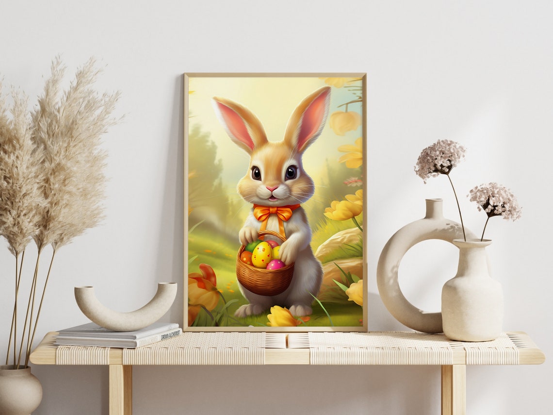 Cute Easter Bunny with Basket of Painted Eggs in Spring Wall Art - Image 4