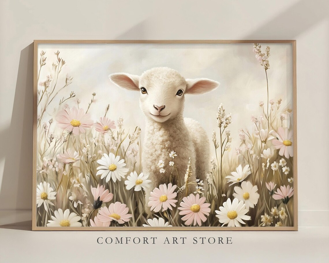 Easter Lamb Art Print, Cute Vintage Nursery Decor