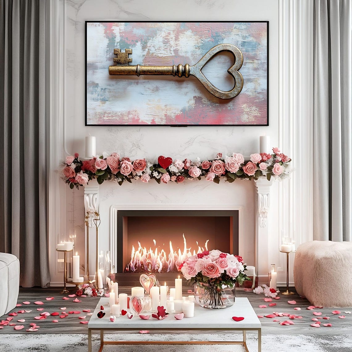Vintage Brass Key Heart Shaped Bow Rustic Romantic Love Wall Poster - Image 4