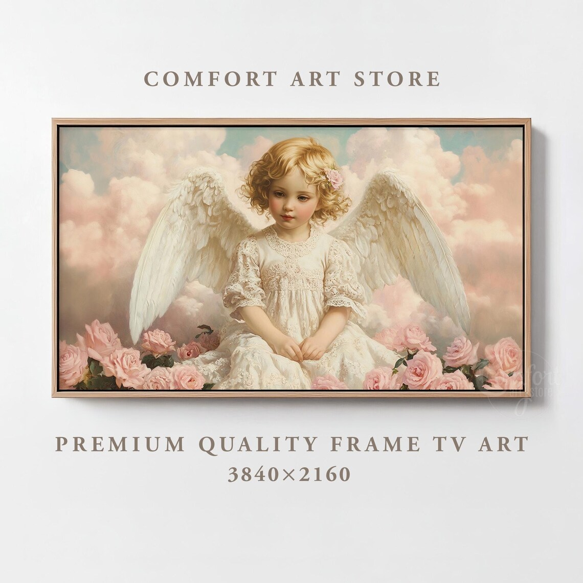 Cherubic Angel With Pink Roses Vintage Frame TV Art Romantic Poster