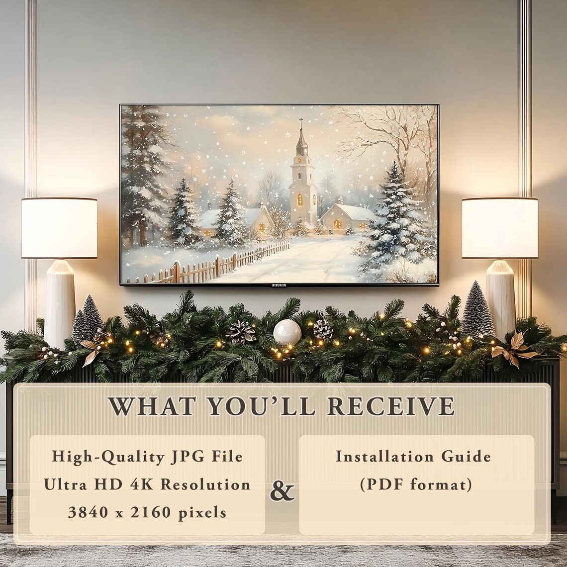 Snowy Christmas Village Church With Falling Snow Vintage Poster - Image 5