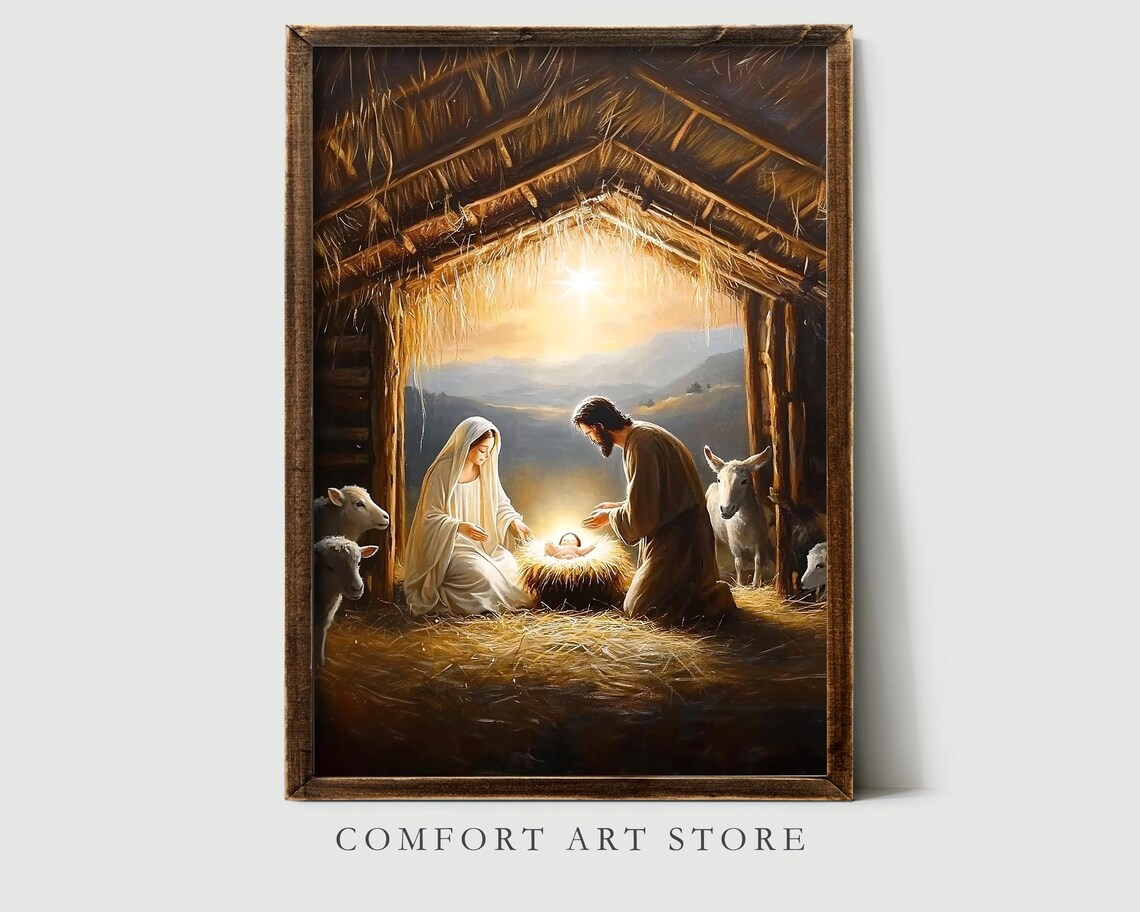 Vintage Nativity Scene Mary Joseph Baby Jesus Manger Christmas Poster - Image 3