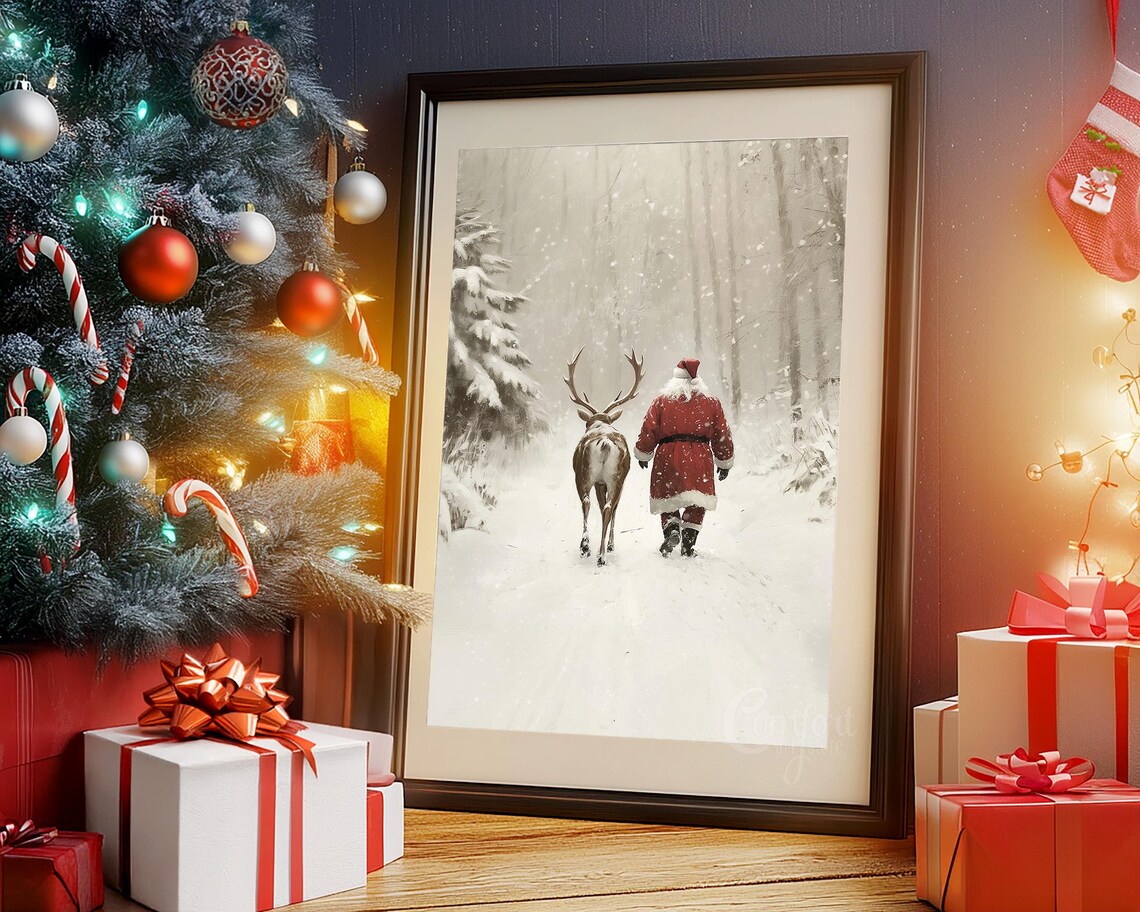 Santa Claus and Reindeer in a Sepia Toned Snowy Forest Poster - Image 3