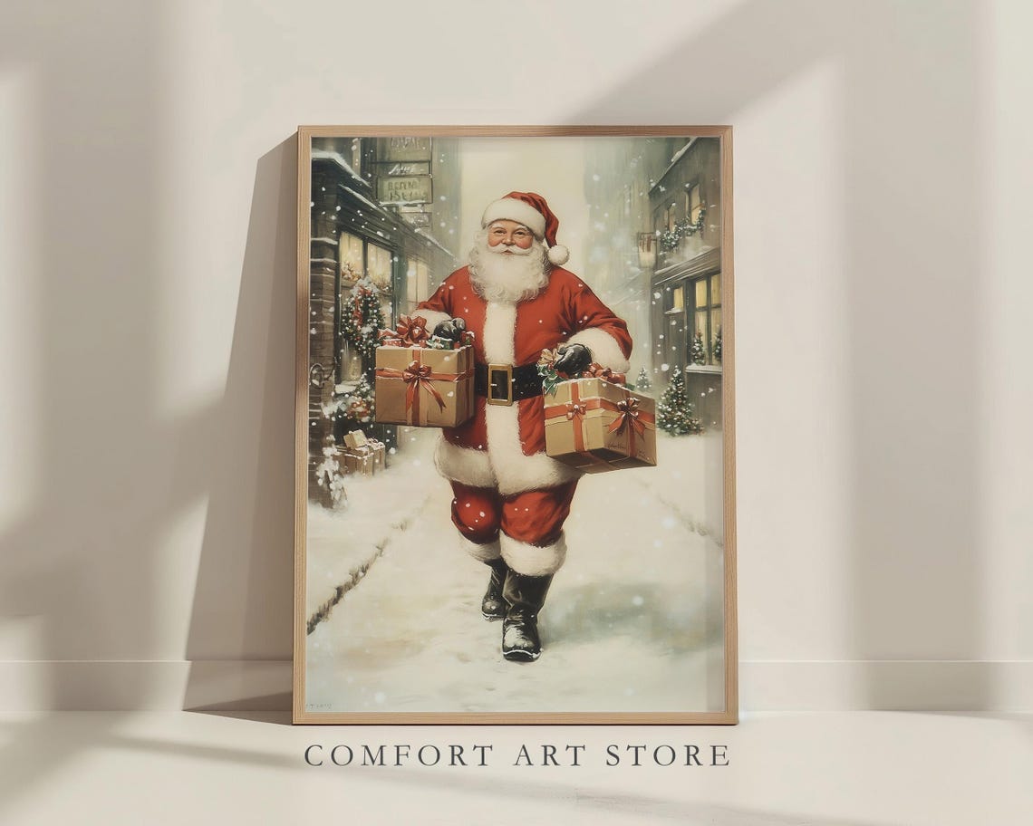 Santa Claus Print Vintage Christmas Wall Art Christmas Snowy Street Print Winter Holiday Decor Antique Christmas Gift Neutral Santa Wall Art - Image 7