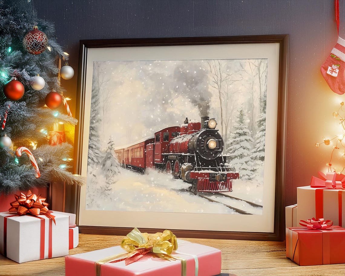 Red Passenger Train Rolling Through Winter Snowfall Wall Art - Image 6