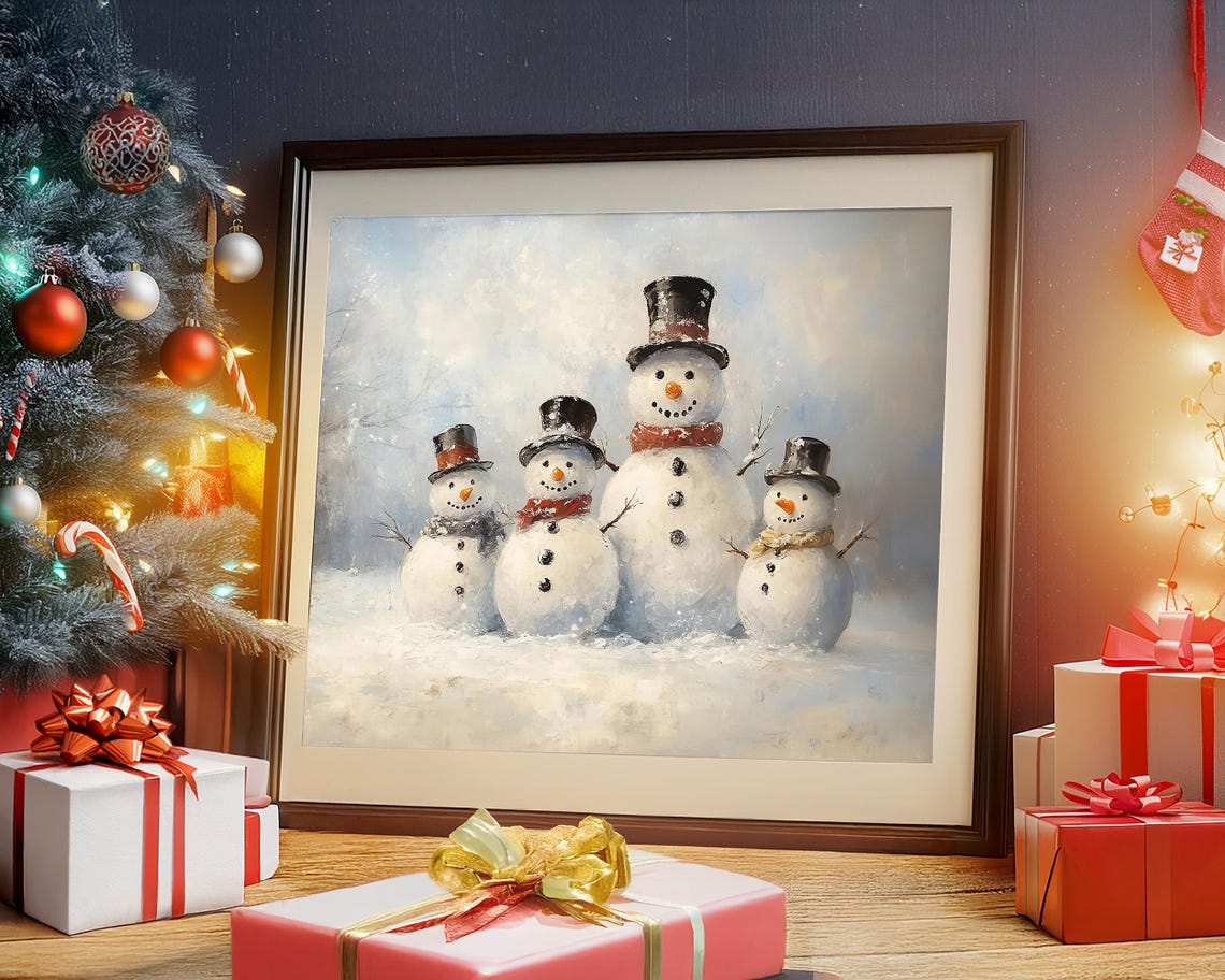 Antique Vintage Christmas Snowman Print Christmas Wall Art Winter Scene Holiday Art Snowman Family Christmas Painting Snowman Wall Art Decor - Image 2
