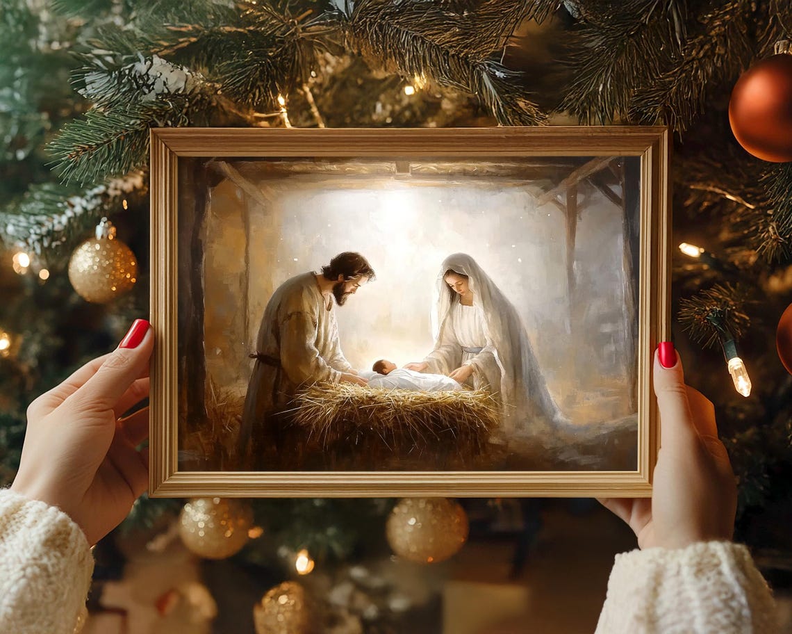 Mary and Joseph With Baby Jesus in the Manger Glowing Light Poster - Image 4