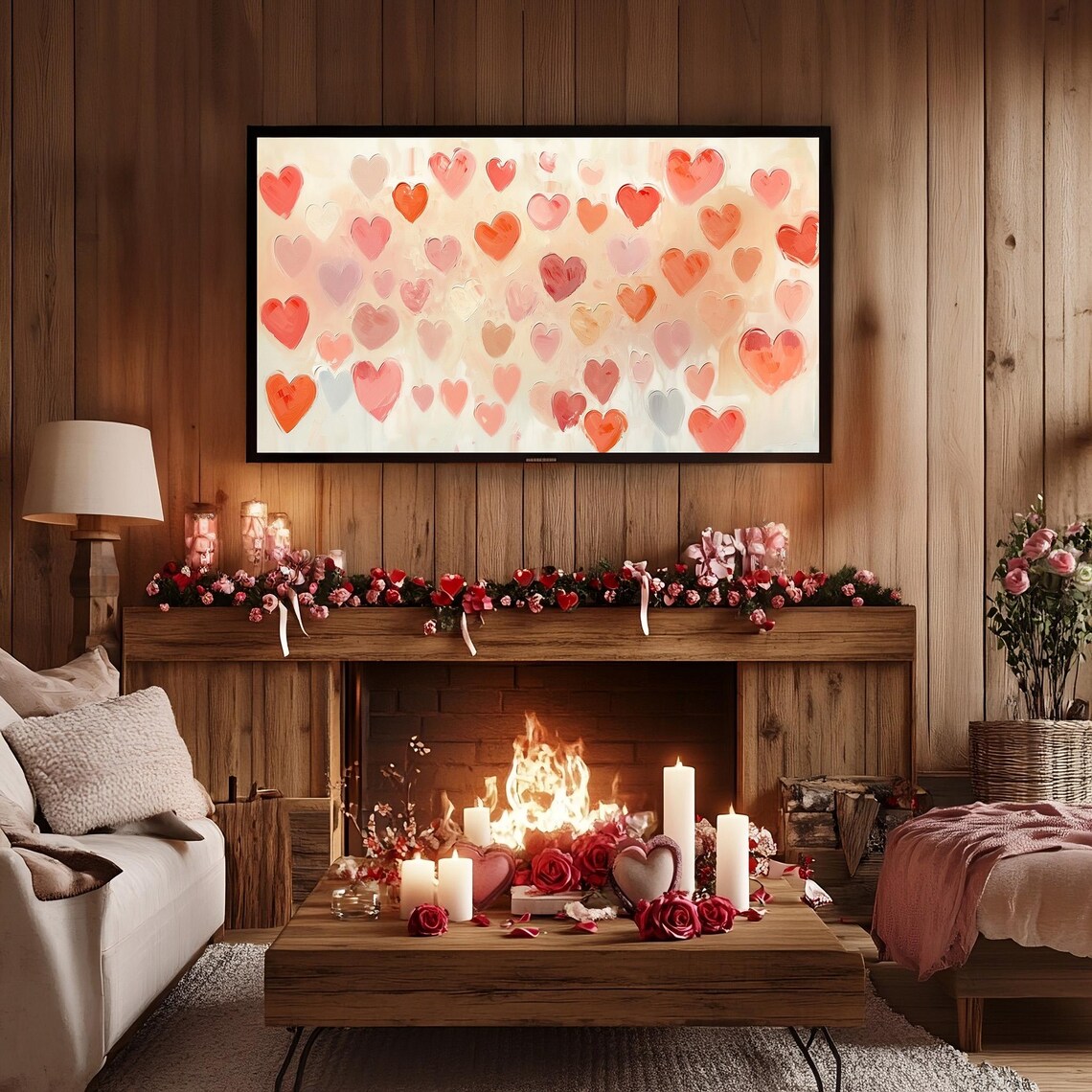 Coral Pink Scattered Hearts Watercolor Valentines Day Decor Poster - Image 3