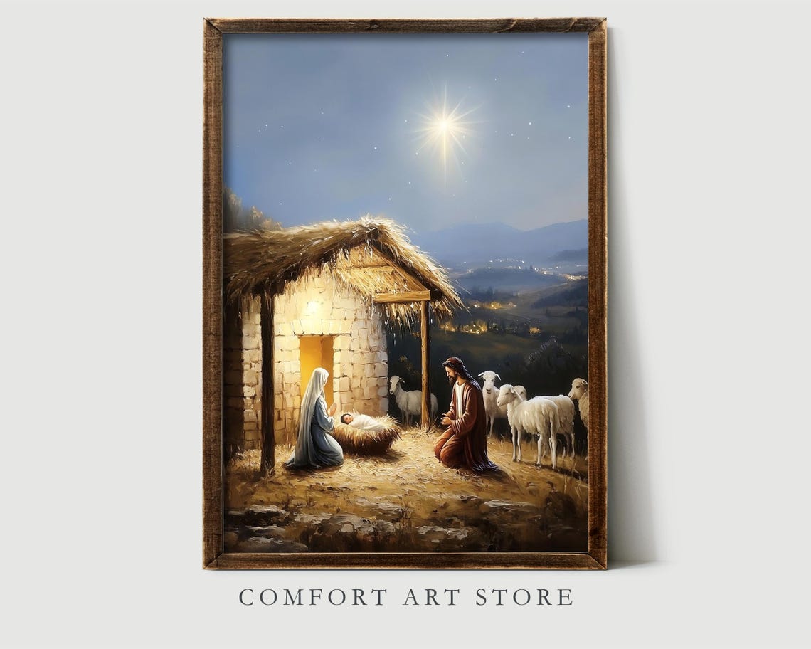 Silent Night Nativity Scene with Bethlehem Star and Sheep Poster - Image 2
