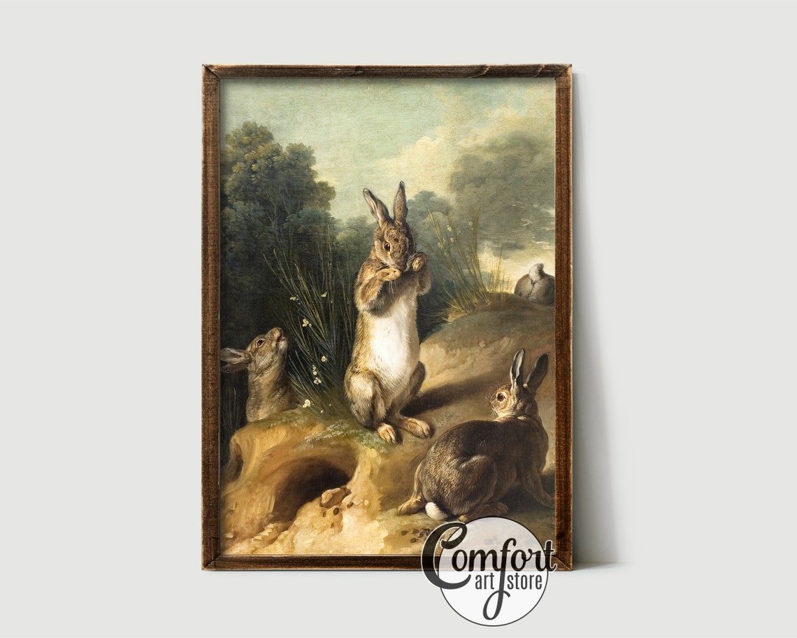 Vintage Rabbits in a Rustic Landscape Neutral Tone Painting Poster - Image 5