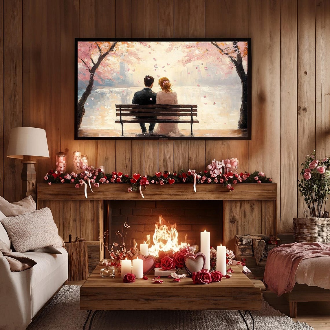 Couple Bench Blossom Trees City Sunset Romantic Painting Decor Poster - Image 2