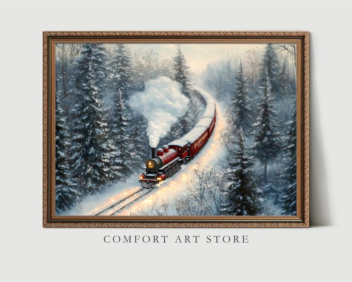 Classic Vintage Red Steam Train in Snowy Pine Forest Art Poster - Image 8