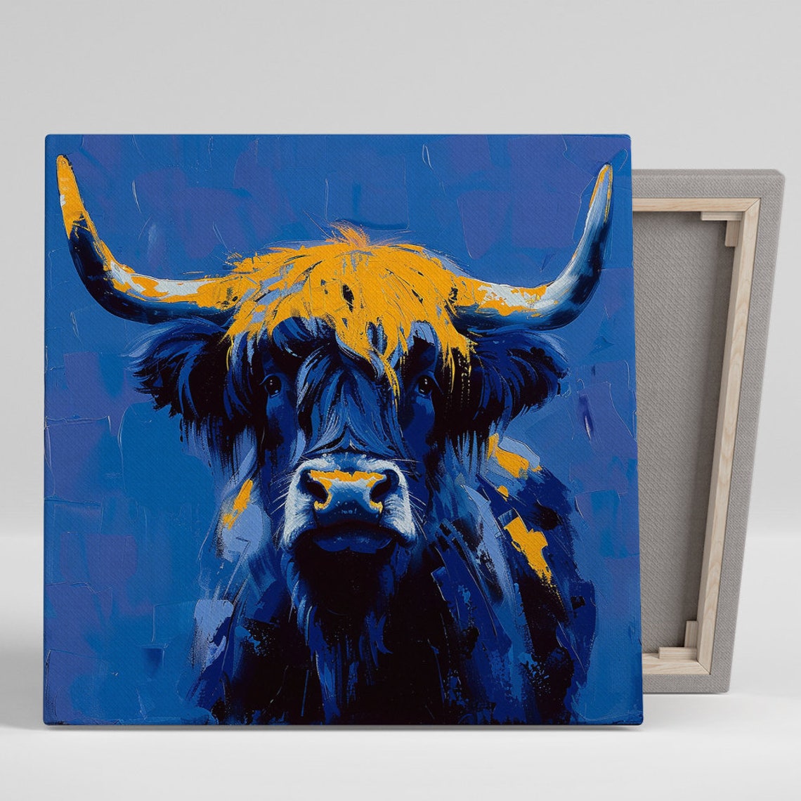 Highland Cow Cobalt Blue With Golden Forelock Palette Knife Poster