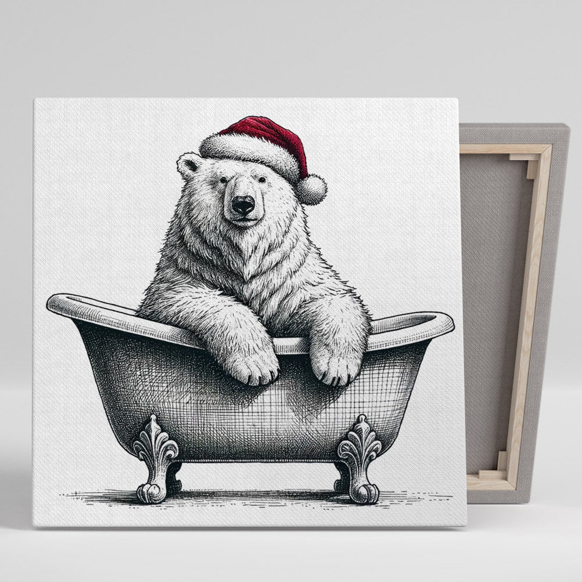Polar Bear Santa Hat Vintage Bathtub Christmas Animal Sketch Poster