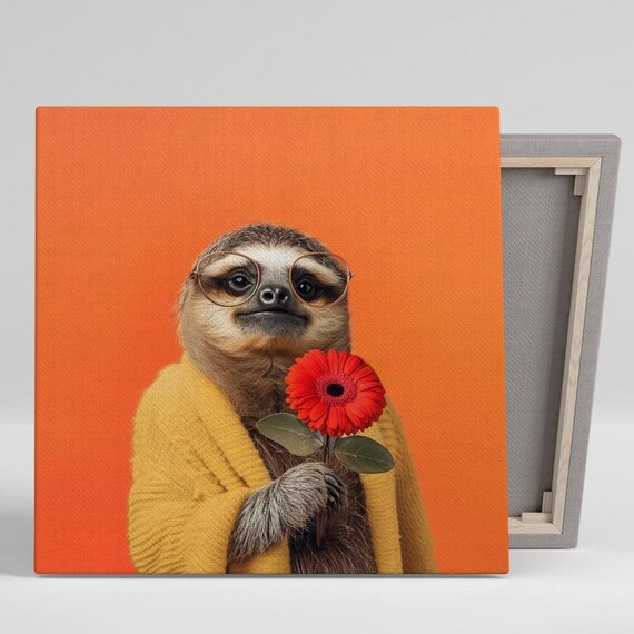Intellectual Sloth With Round Glasses Holding Red Flower Orange Wall Poster