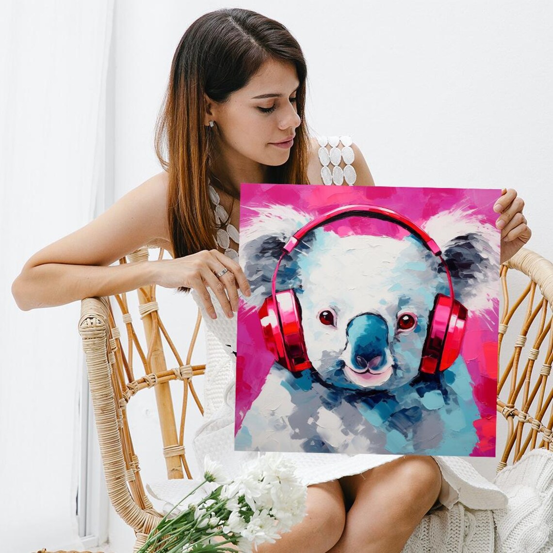 Koala Wearing Red Headphones Pop Art Portrait Pink Background Fun Wall Poster - Image 3