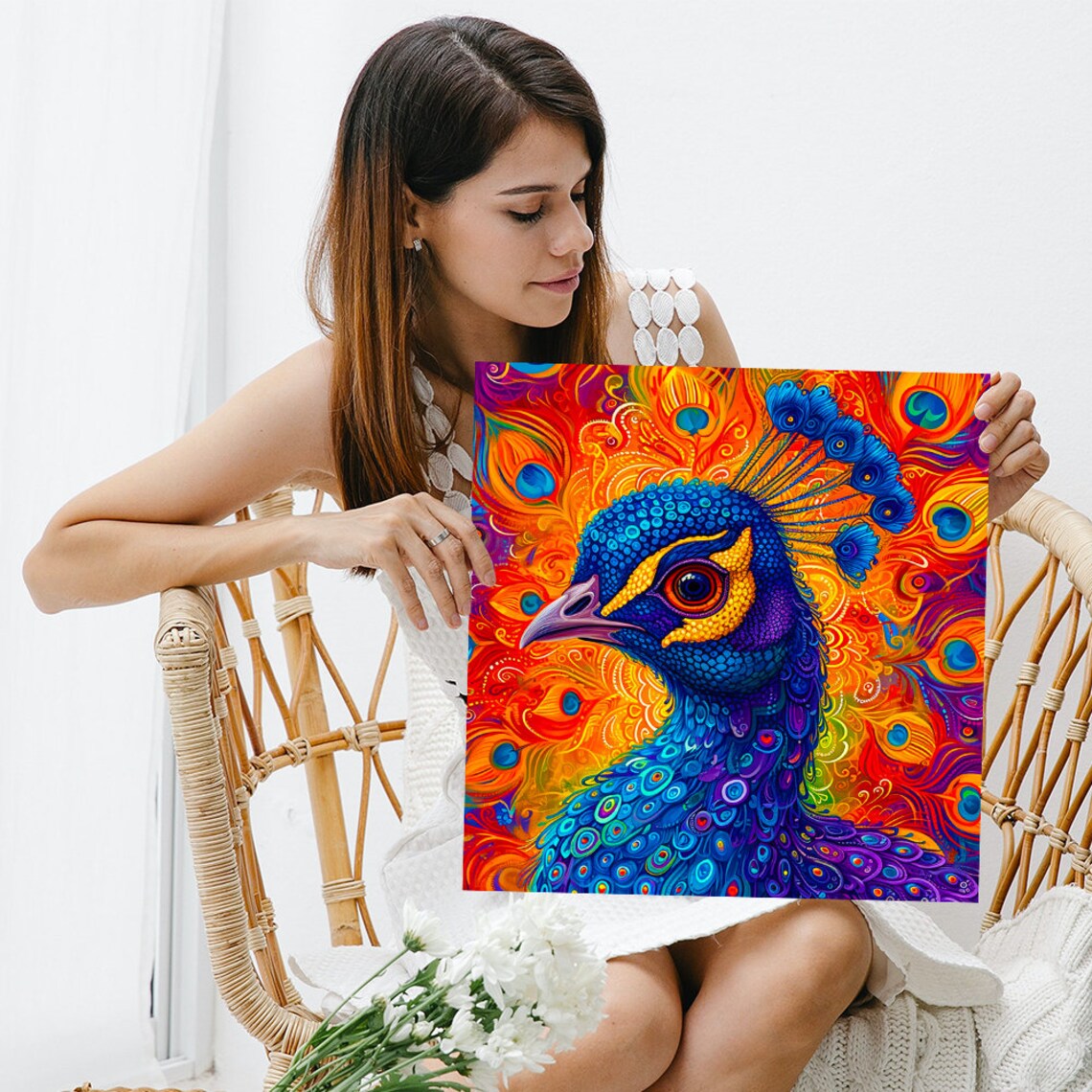 Psychedelic Peacock Portrait in Fiery Orange Red and Blue Poster - Image 3