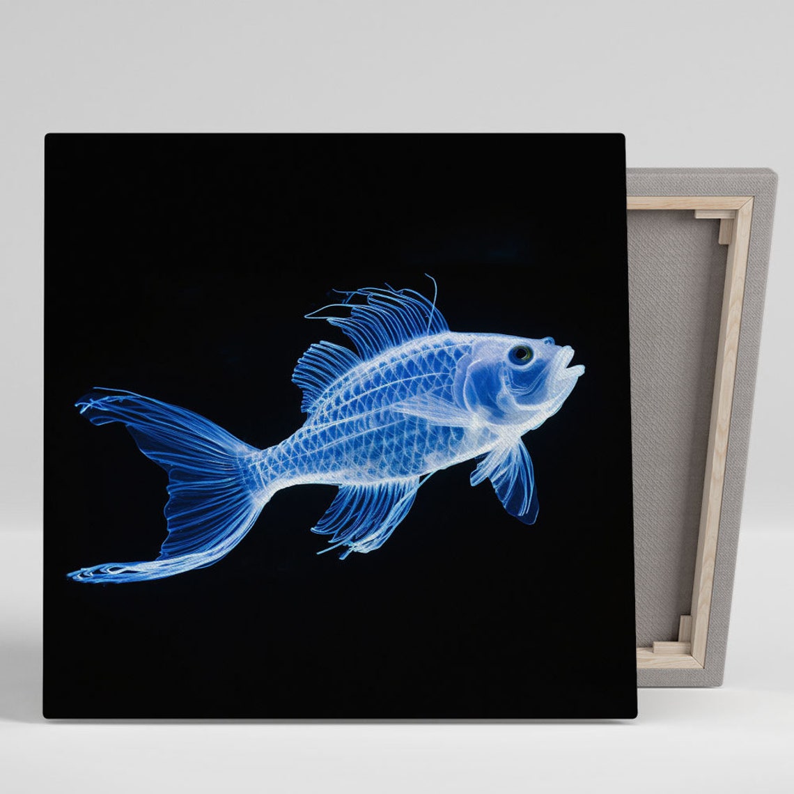 Glowing Neon Blue Fish X Ray Style Black Background Wall Poster