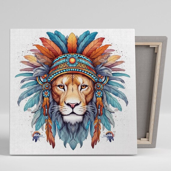 Tribal Lion Feather Headdress Bohemian Eclectic Animal Wall Art