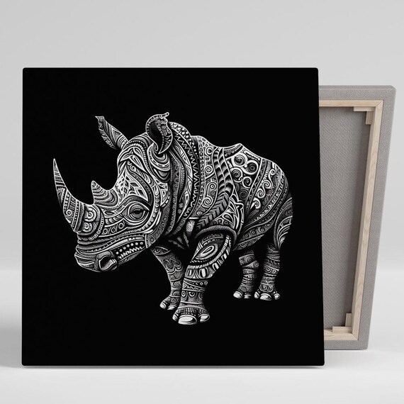 Ornate Rhino Mandala Intricate White Line Art On Black Poster