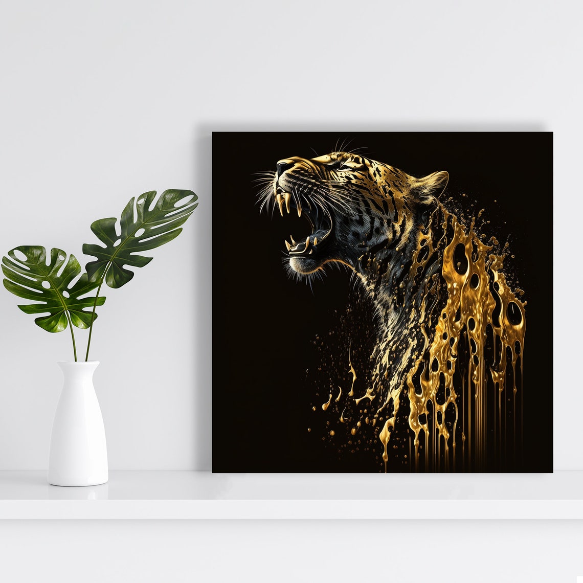 Roaring Tiger Gold Paint Splash Dramatic Black Background Wall Art - Image 2