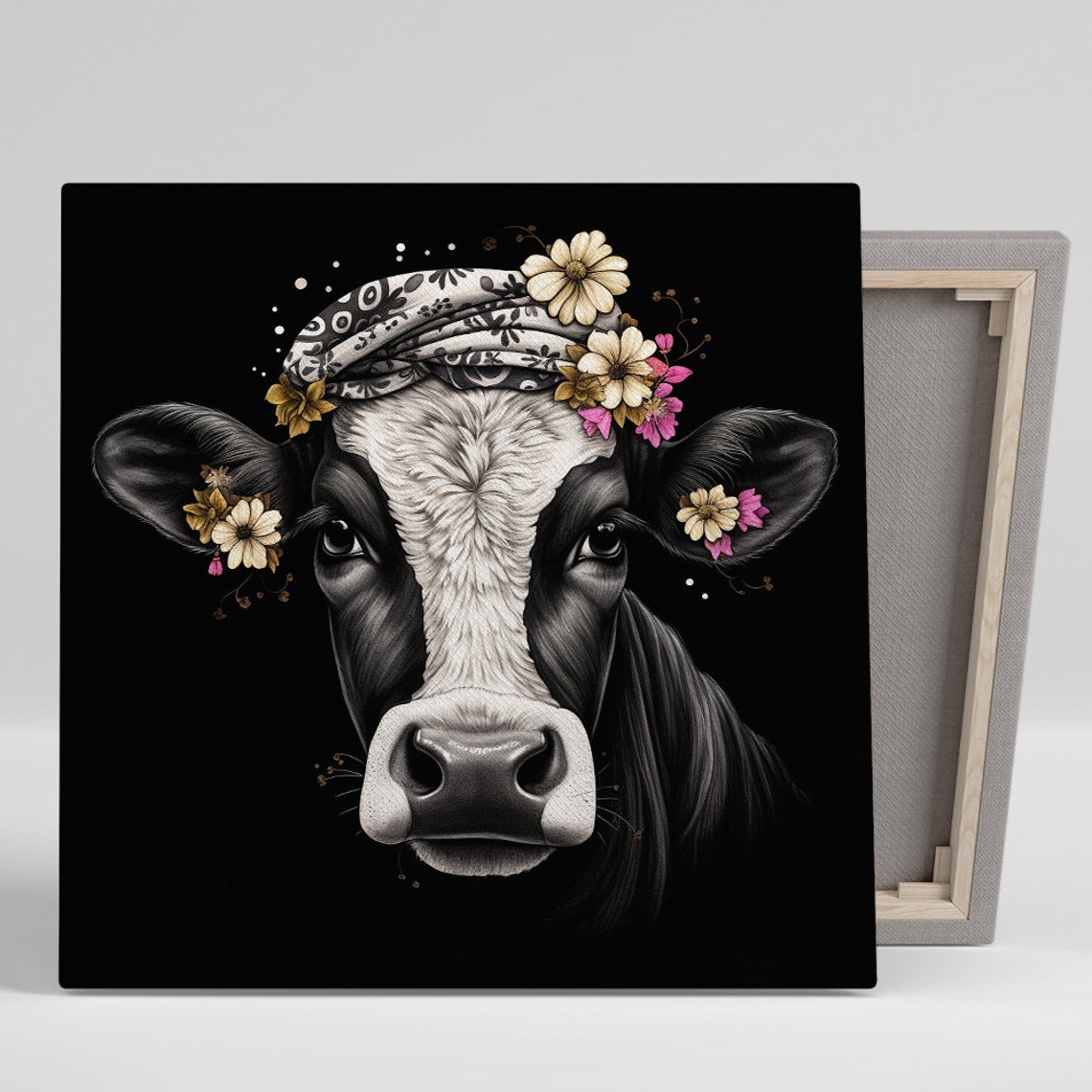 Floral Headscarf Cow Portrait Black Background Elegant Art Poster