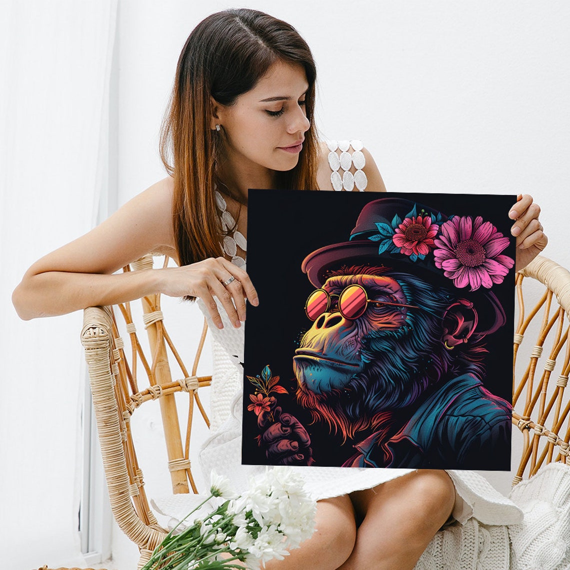 Neon Chimpanzee Hat Flowers Sunglasses Surreal Pop Art Poster - Image 3