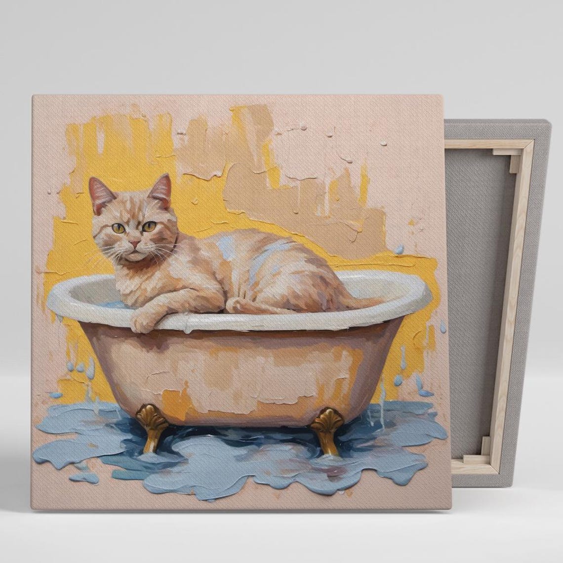 Orange Tabby Cat in Clawfoot Bathtub Painterly Bathroom Wall Poster