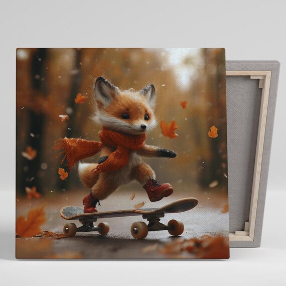 Baby Fox Cub Skateboarding Autumn Leaves Scarf Boots Cute Animal Poster