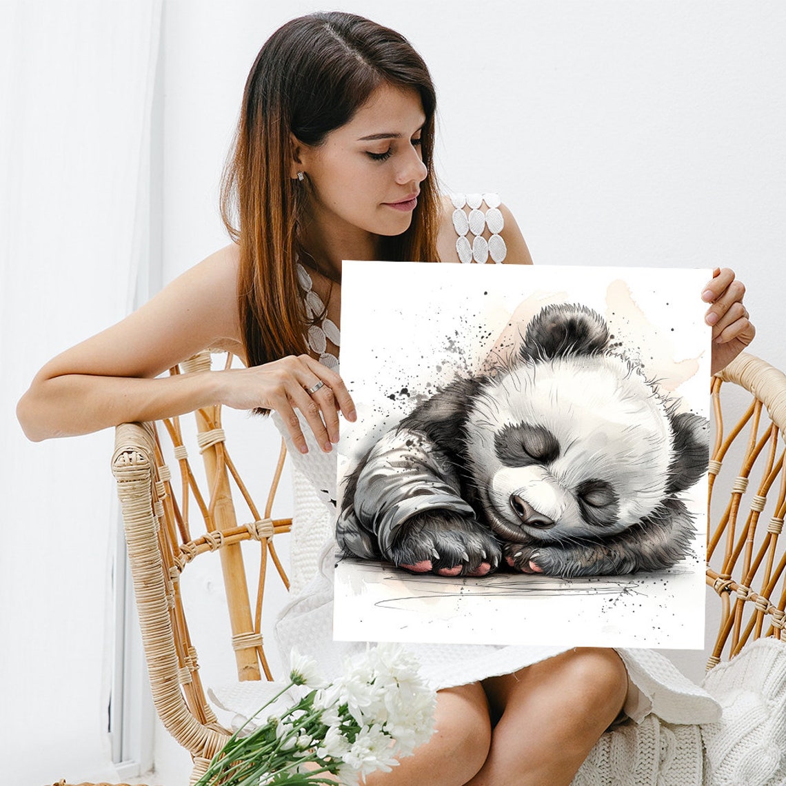 Sleeping Baby Panda Watercolor Soft Grey Cute Nursery Wall Poster - Image 3