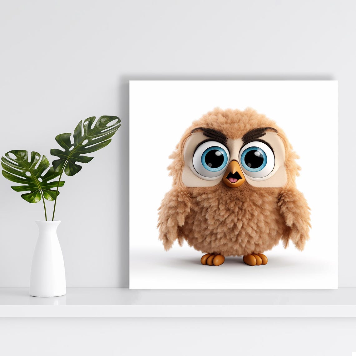 Fluffy Brown Cartoon Owl Big Blue Eyes Cute Kids Wall Art Poster - Image 2