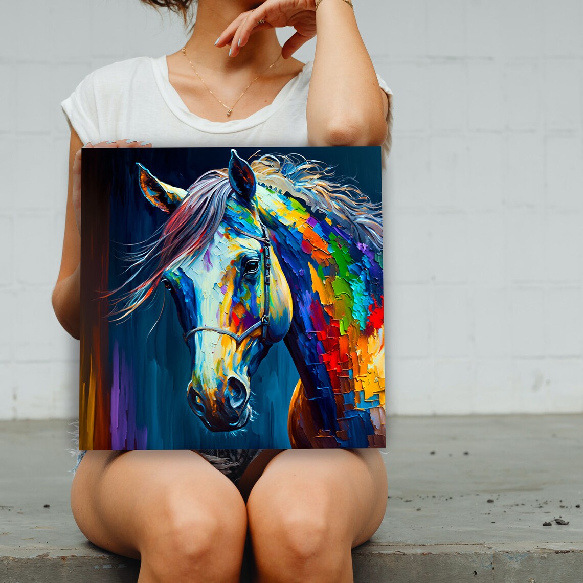 Horse Wall Art Print, Colorful White Horse Decor - Image 2