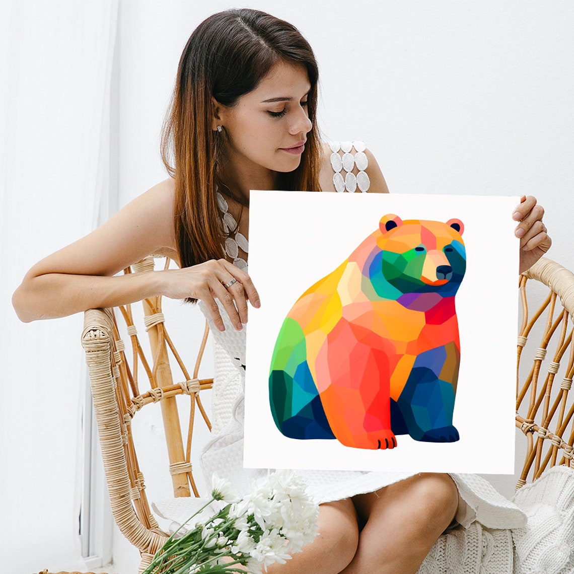 Rainbow Geometric Low Poly Bear Colorful Modern Animal Art Poster - Image 3