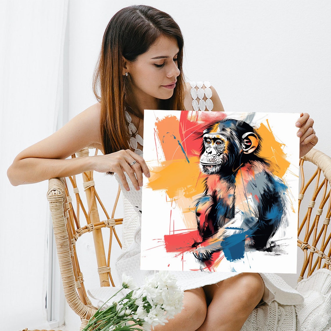 Chimpanzee Abstract Brushstrokes Red Blue Primate Art Poster - Image 3