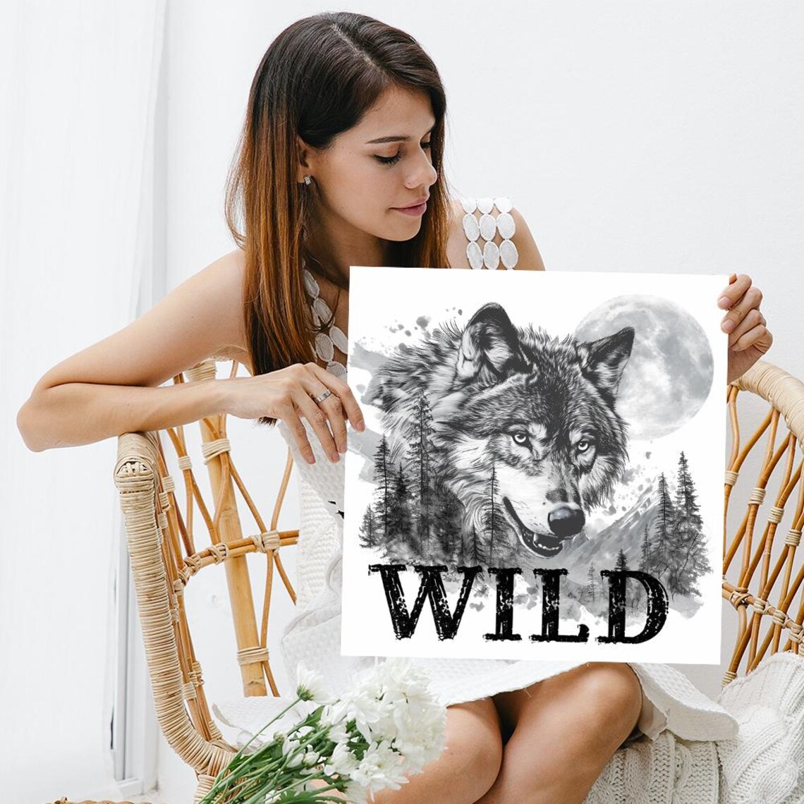 Majestic Wolf Head Full Moon Mountains Wild Lettering Black White Art Print - Image 3