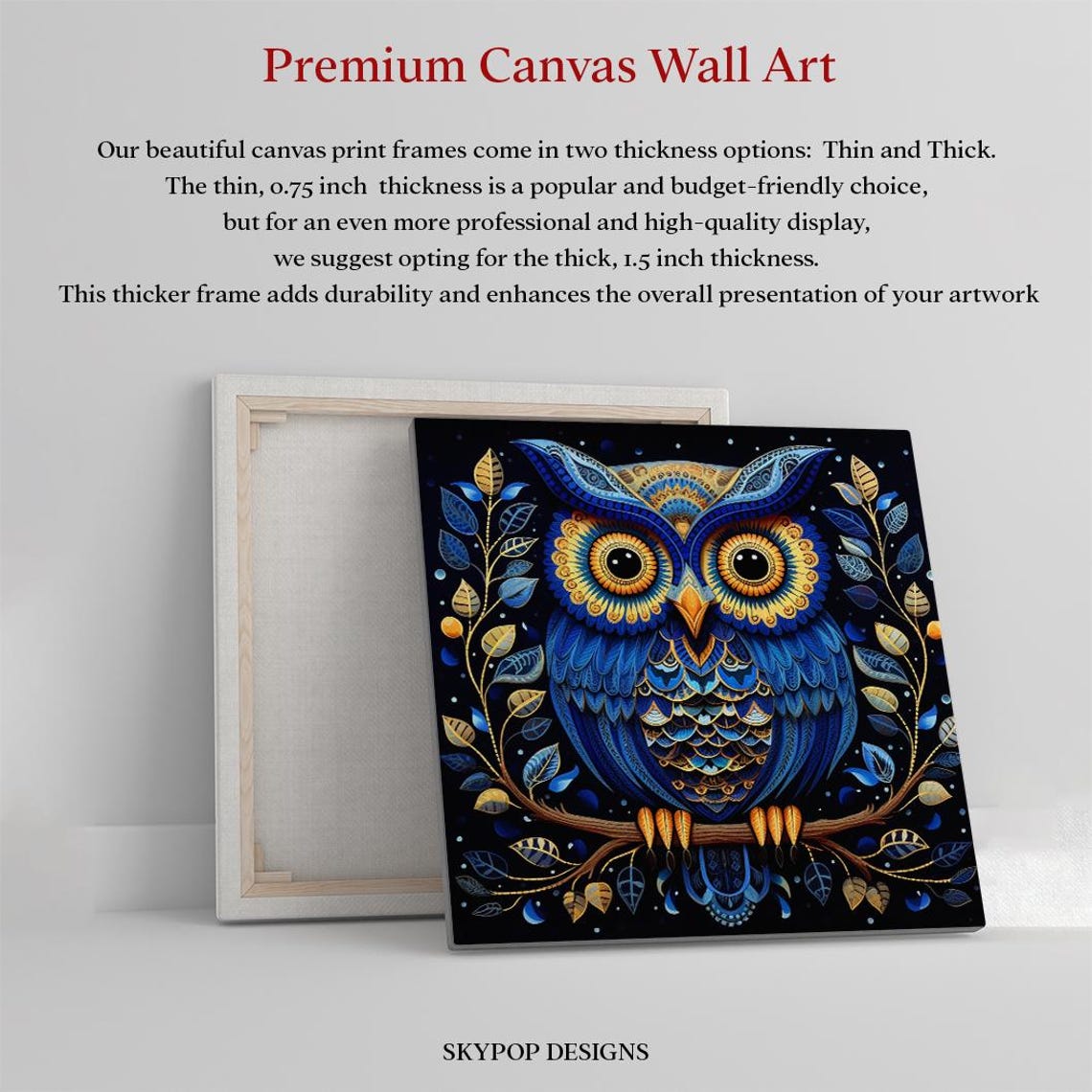 Ornate Blue Gold Owl Decorative Night Branch Boho Animal Art Poster - Image 3