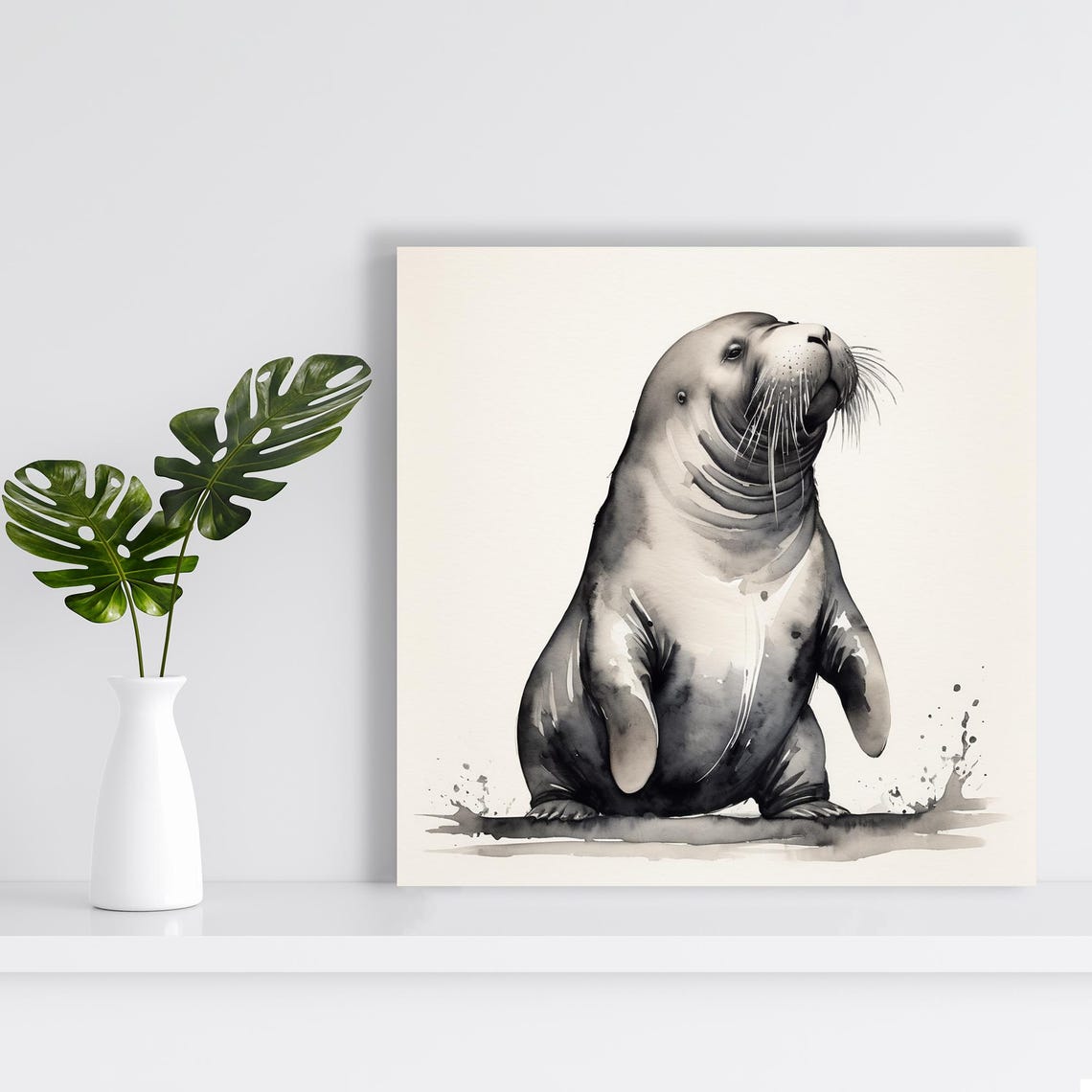 Serene Seal Watercolor Portrait Black White Soft Coastal Art Poster - Image 2