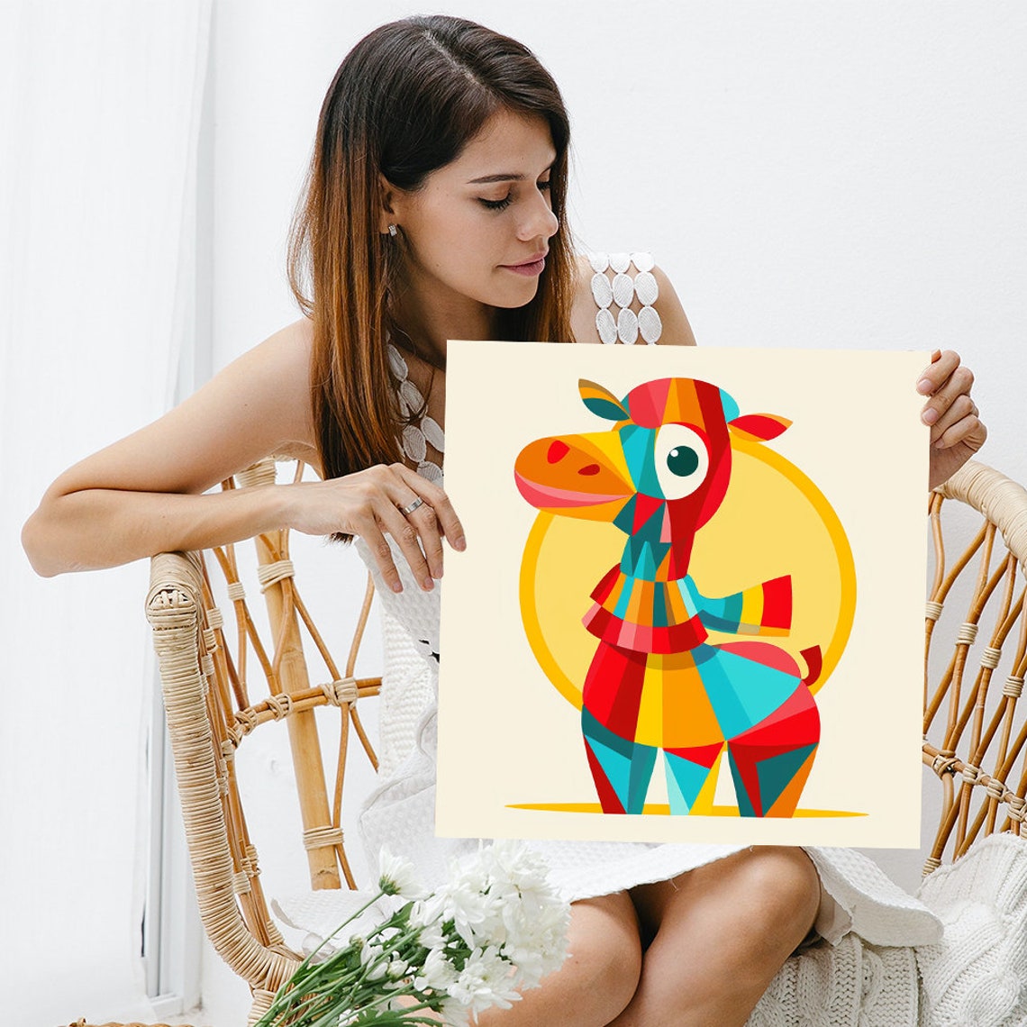 Kaleidoscopic Geometric Cow Vibrant Red Yellow Teal Animal Wall Poster - Image 3