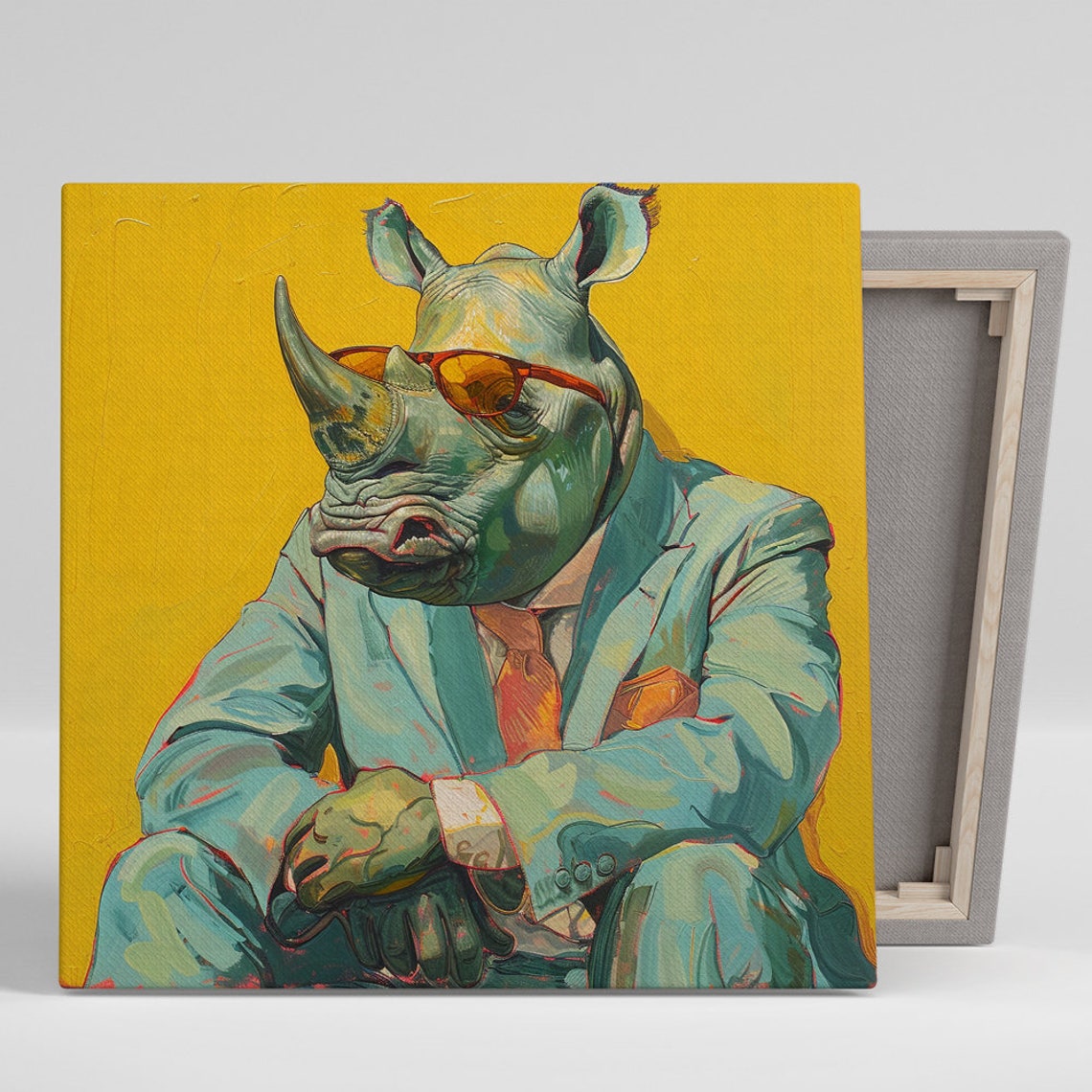Dapper Rhino in Suit Wearing Red Sunglasses Yellow Pop Art Poster